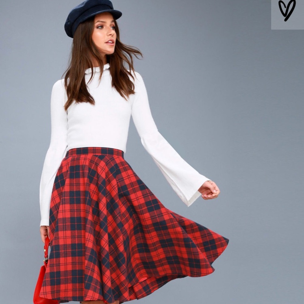 Bristol navy blue and red plaid flannel midi skirt